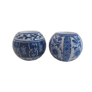 Vtg Set of 2 Round Delft Blue 3" Candle Holders Porcelain Oriental Hand Painted